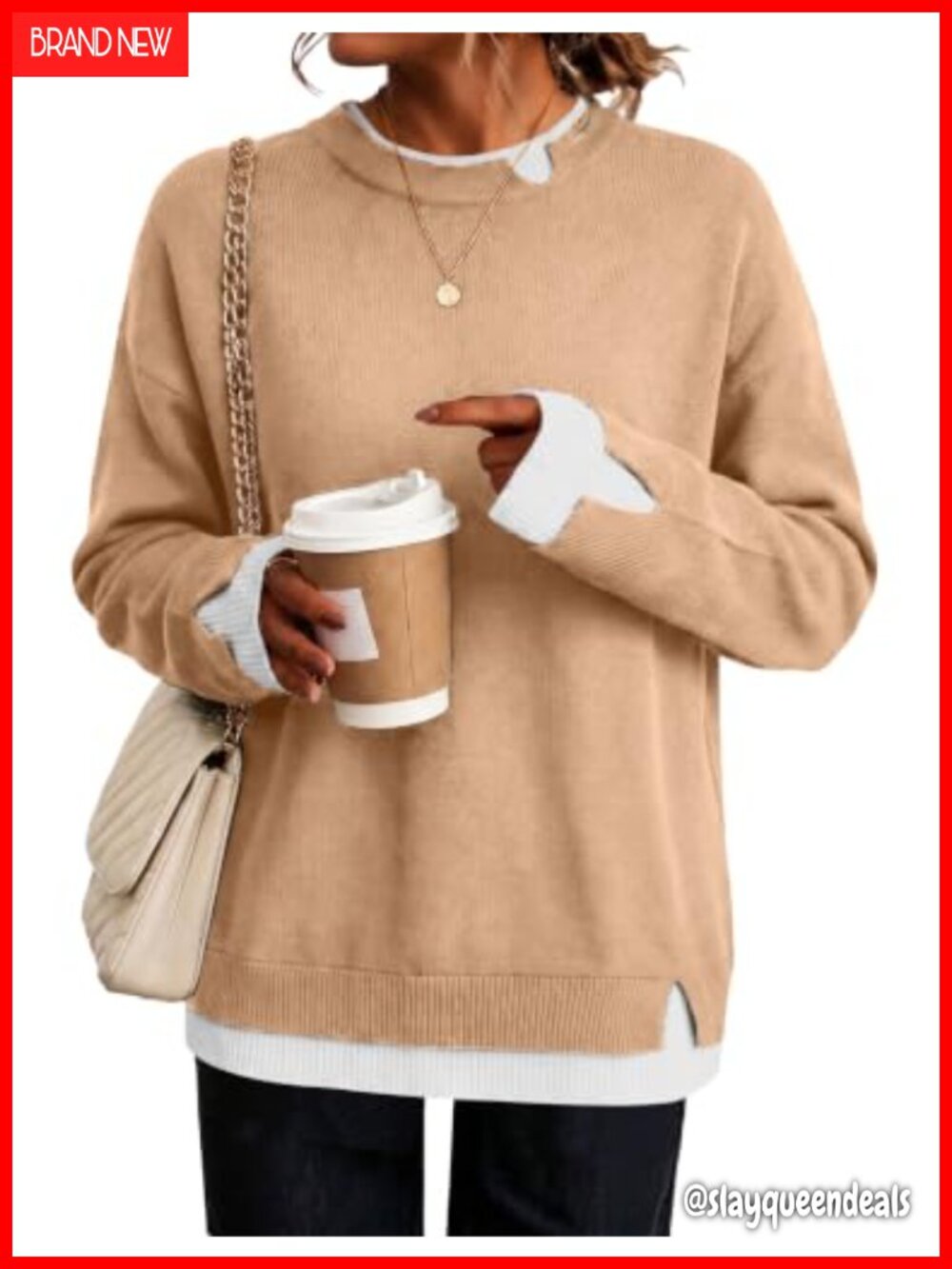 Womens Faux Layered Long Sleeve Pullover Sweater Loose Fit Crew Neck
